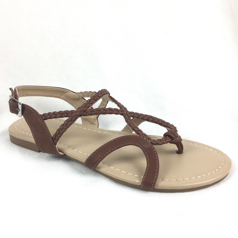 Criss Cross Cognac Brown Braided Thong Sandal - Picture 2 of 4